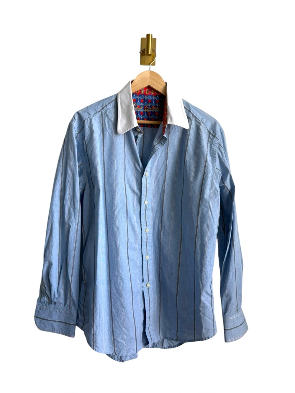 Robert Graham Men's Flip Cuff Striped Embroidered Dress Shirt Blue Large